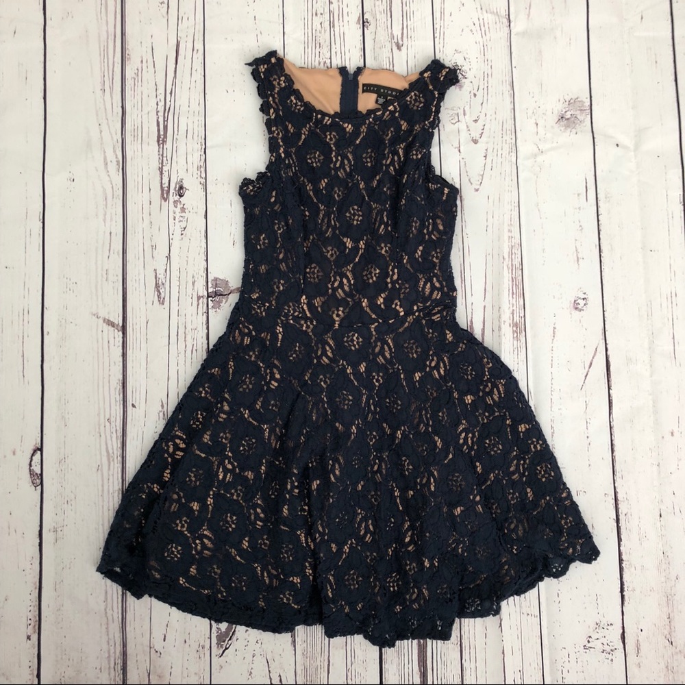 Navy Blue Mini Dress w/ See-Through Lace